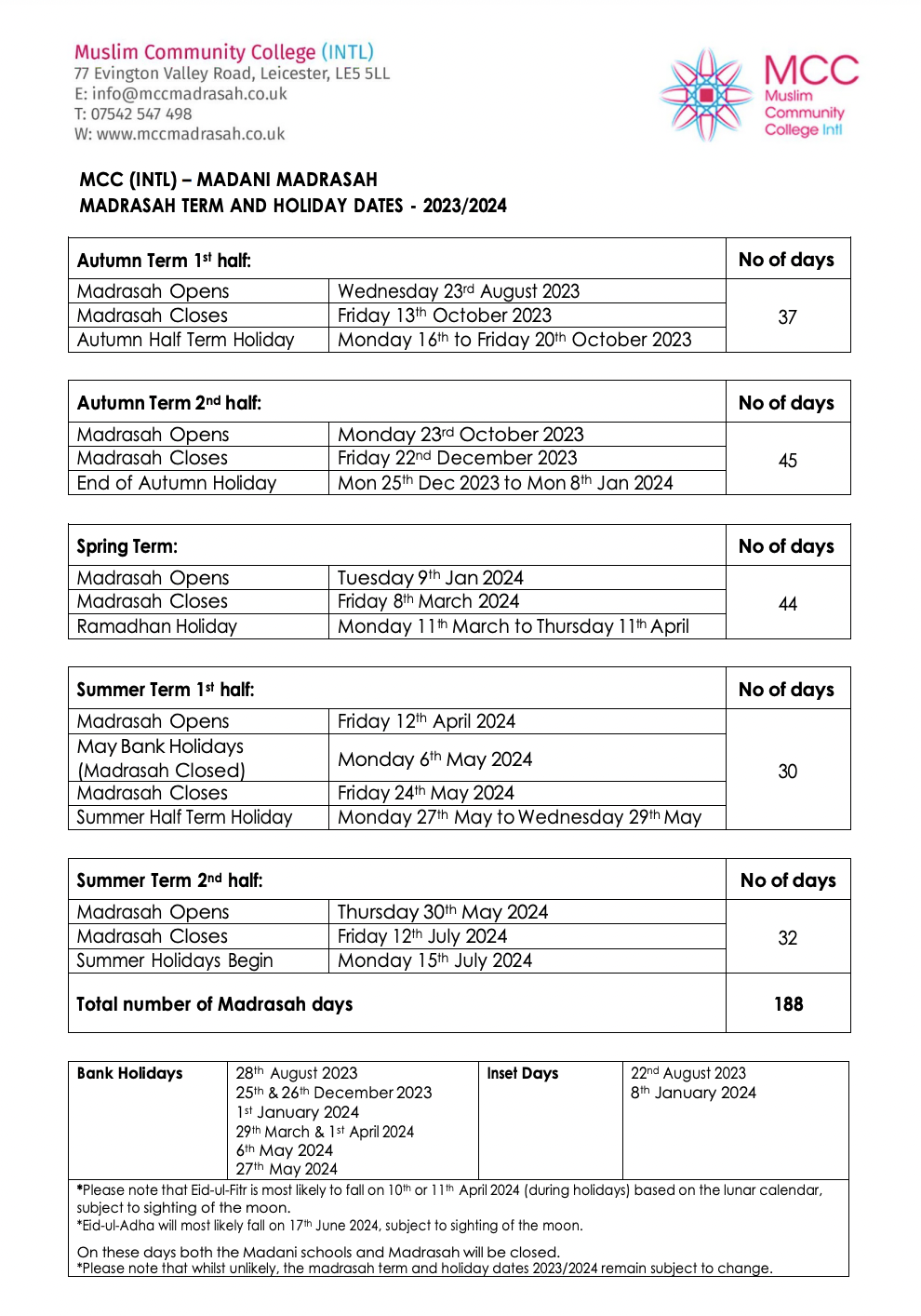 Term Dates 2023 / 2024 MCC Madani Madrasah